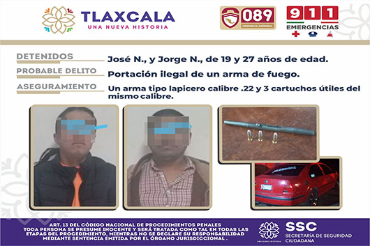 SSC detiene en Tlaxco a dos personas y asegura un arma de fuego