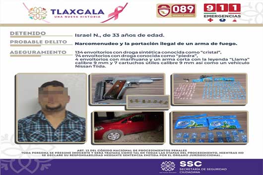 La SSC detiene en Calpulalpan a presunto responsable de narcomenudeo y asegura arma de fuego