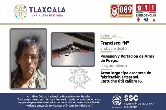 SSC detiene en Santo Toribio Xicohtzinco a una persona con arma de fuego