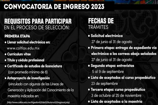 Amplia el Colegio de Tlaxcala fecha de postulación para la Maestría en Gestión de Turismo Regional Sustentable