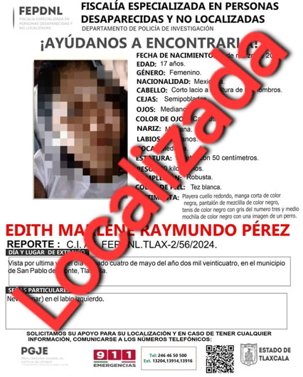 Presenta policía de investigación ante fiscalía a menor de edad reportada como no localizada: PGJE