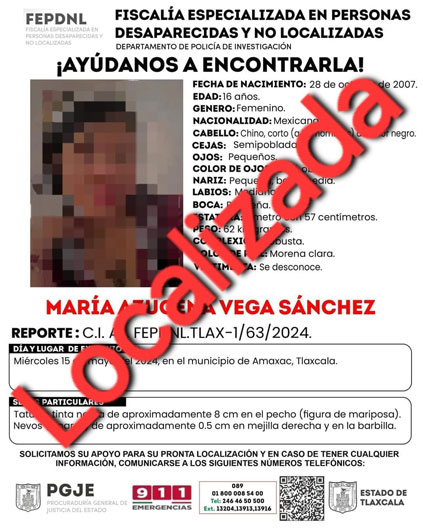 Ubica PGJE a menor de edad reportada como no localizada: PGJE