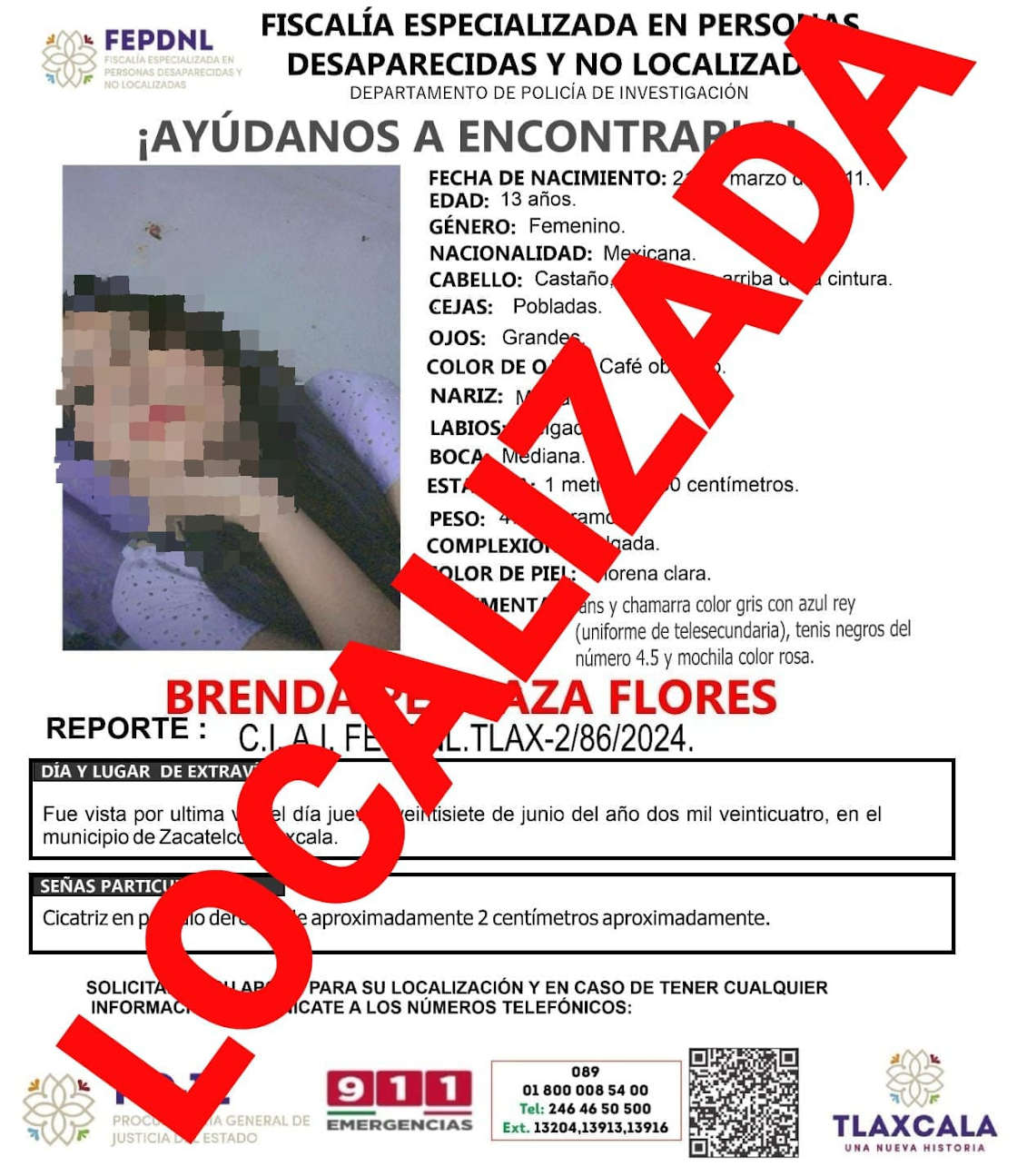 Presentan ante fiscalía a una menor de edad reportada como no localizada: PGJE