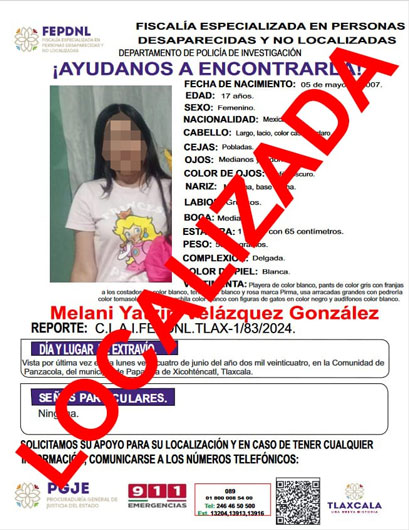 Presentan ante fiscalía a menor de edad reportada como no localizada: PGJE
