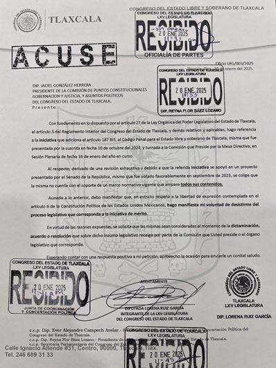 Presenta Lorena Ruiz, oficio de disistimiento de iniciativa